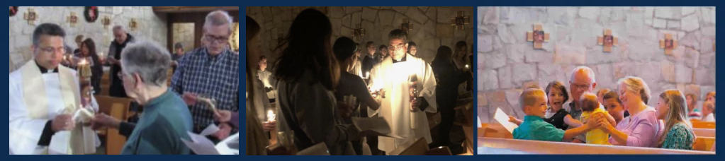 Three frames of Father Augusty and worshipers at St. Mark.